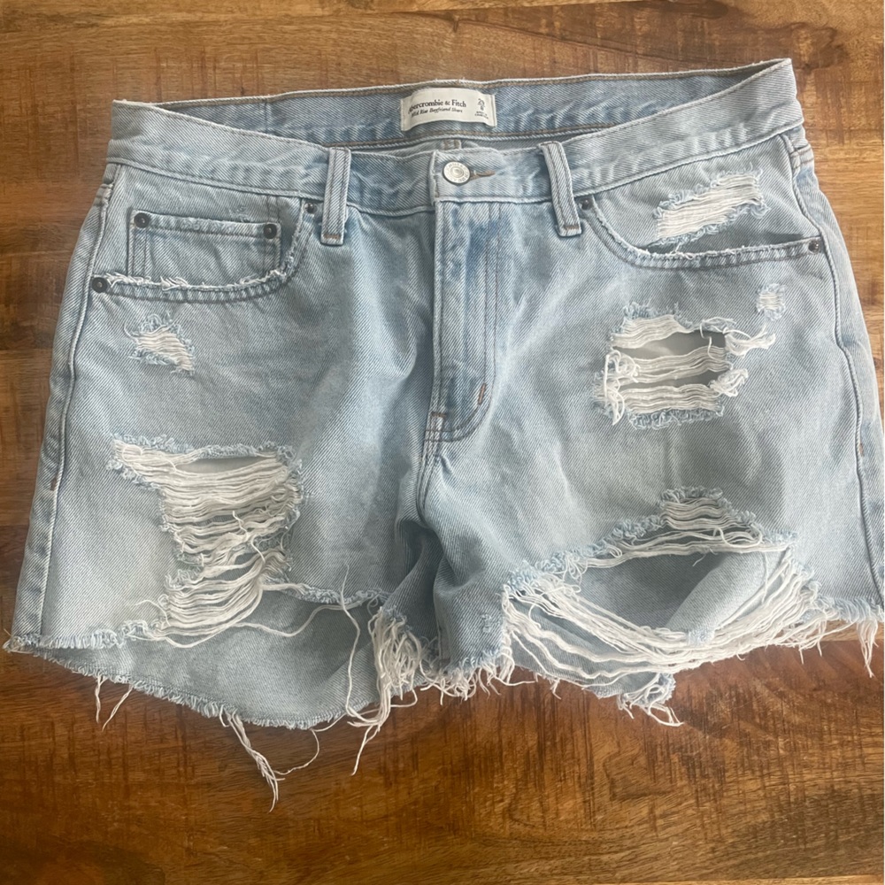 Abercrombie & Fitch Mid Rise Boyfriend Ripped Light Blue Jean Shorts.